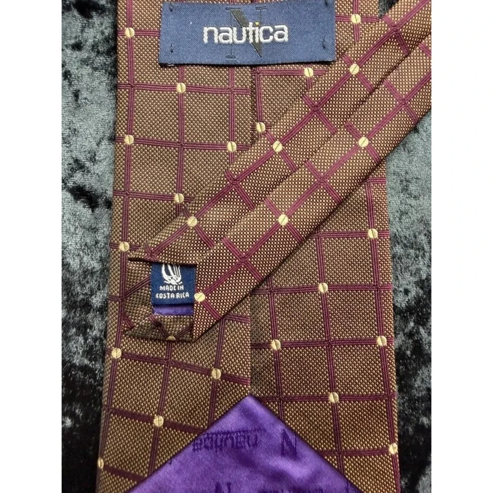 Nautica Men's 100% Silk Tie Brown Purple Grid Geometric Made Austria 4